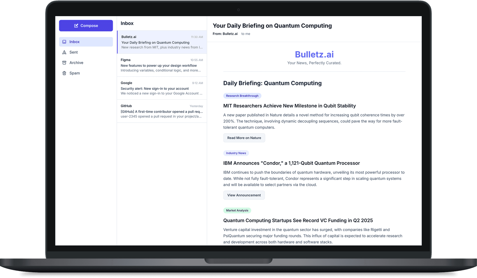 Bulletz.ai newsletter preview on laptop